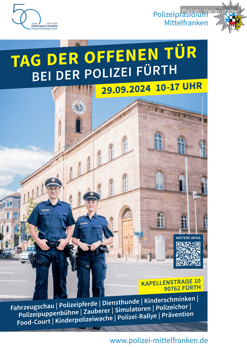 Tag der offenen Tür bei der Polizei Fürth: Spannende Einblicke in die Polizeiarbeit und ein abwechslungsreiches Programm für die ganze Familie.