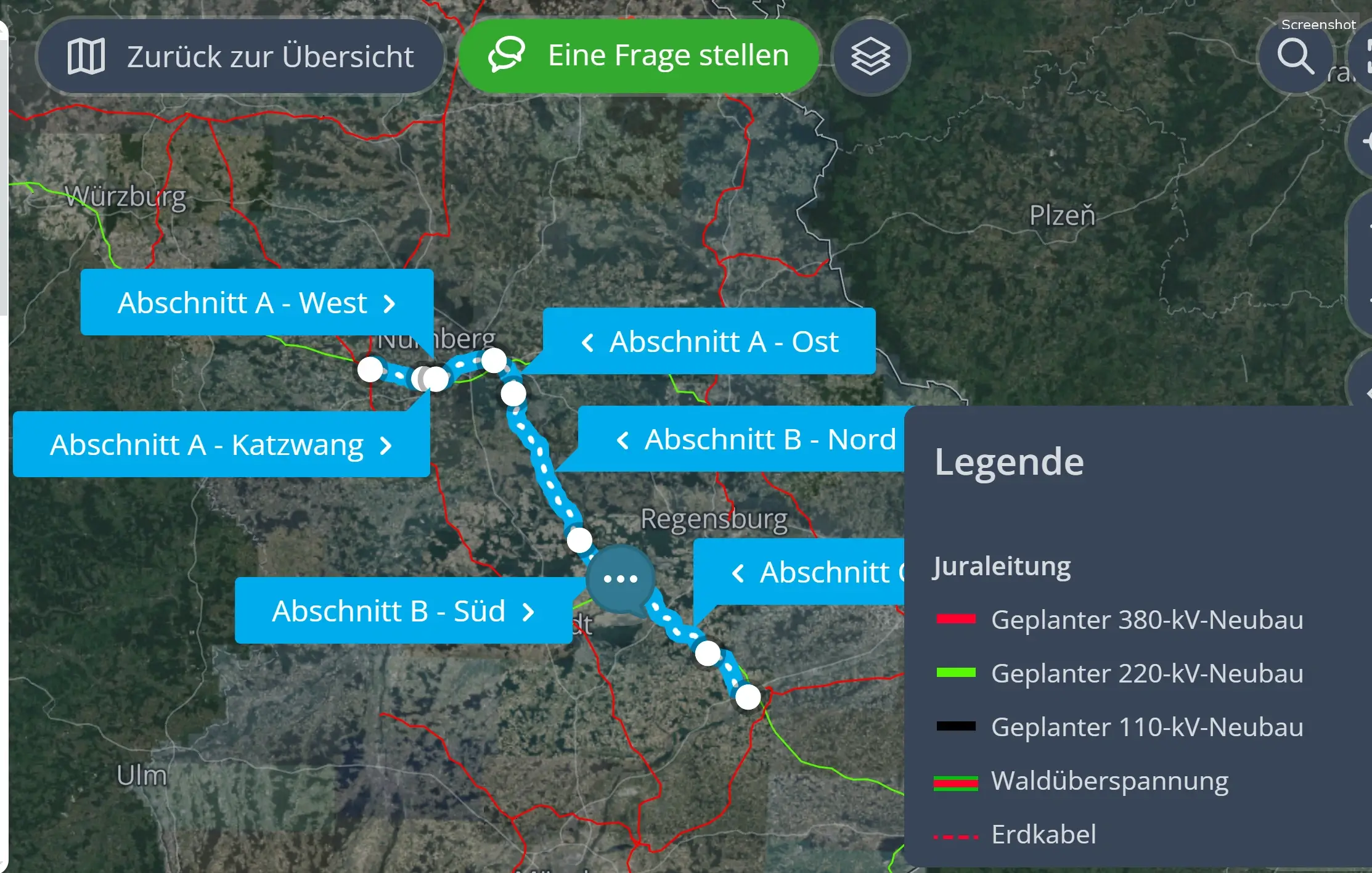 Visualisierungen des Ersatzneubaus der Juraleitung: Drohnenaufnahmen und Bodenfotos zeigen die geplante 380-kV-Leitung und die bestehenden Trassen.