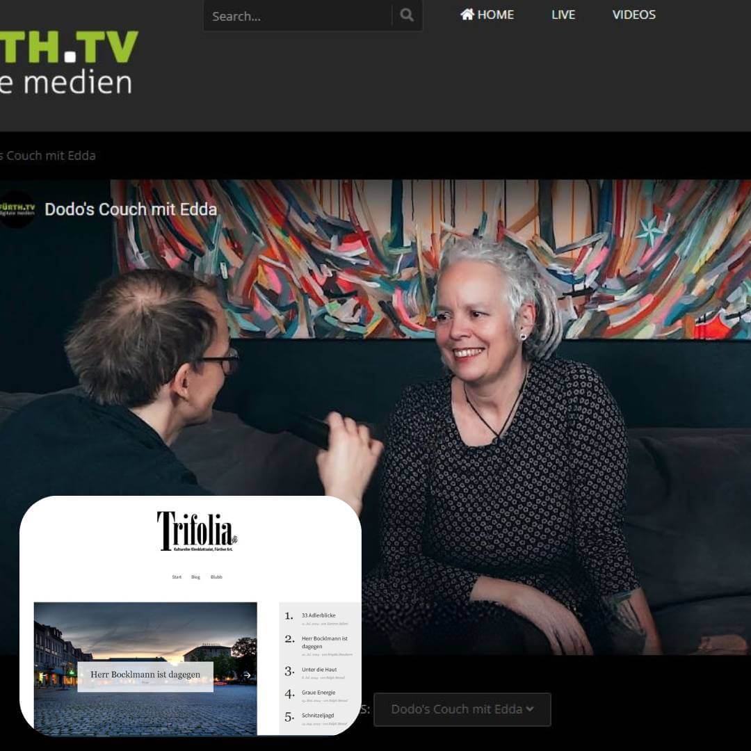 Trifolia.net und 'Dodo's Couch' auf Fürth.TV bereichern die Kulturszene in Fürth mit vielfältigen literarischen und künstlerischen Inhalten.