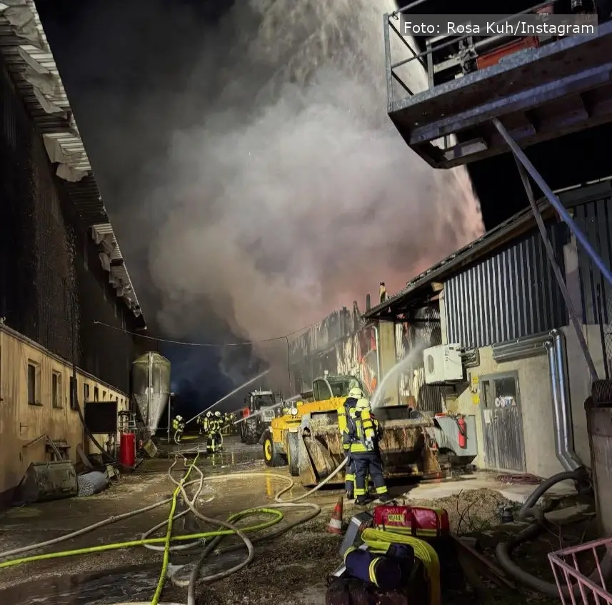 Die Maschinenhalle des Hofes stand in Flammen und wurde vollständig zerstört.