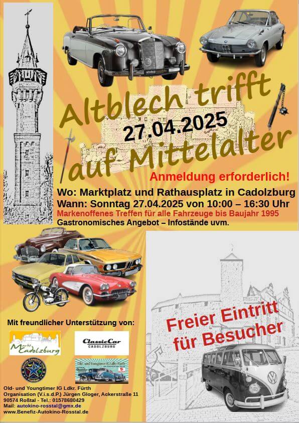 Auf dem Marktplatz in Cadolzburg treffen glänzende Oldtimer auf faszinierende Mittelalterkostüme.