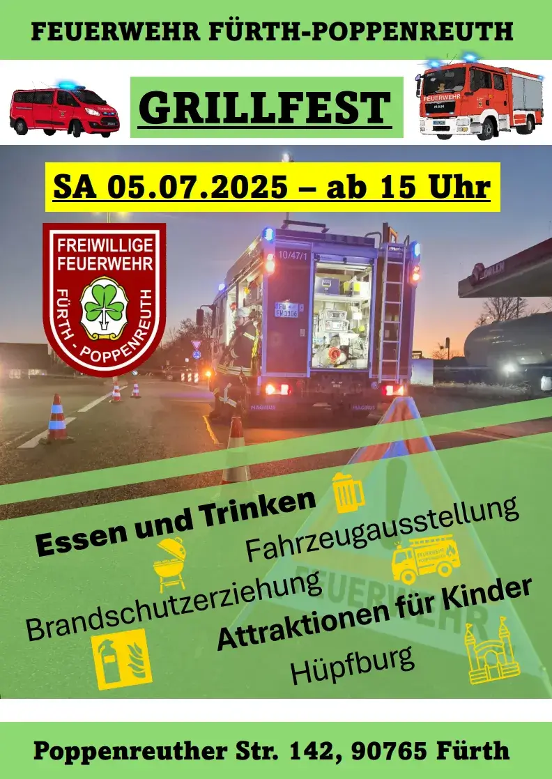Die Freiwillige Feuerwehr Poppenreuth lädt zum sommerlichen Grillfest ein.